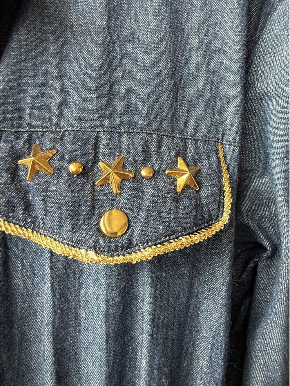 Vintage 80s Rafael Gold Star Studded Denim Maxi Dress 100% Cotton Western Small - Picture 2 of 9